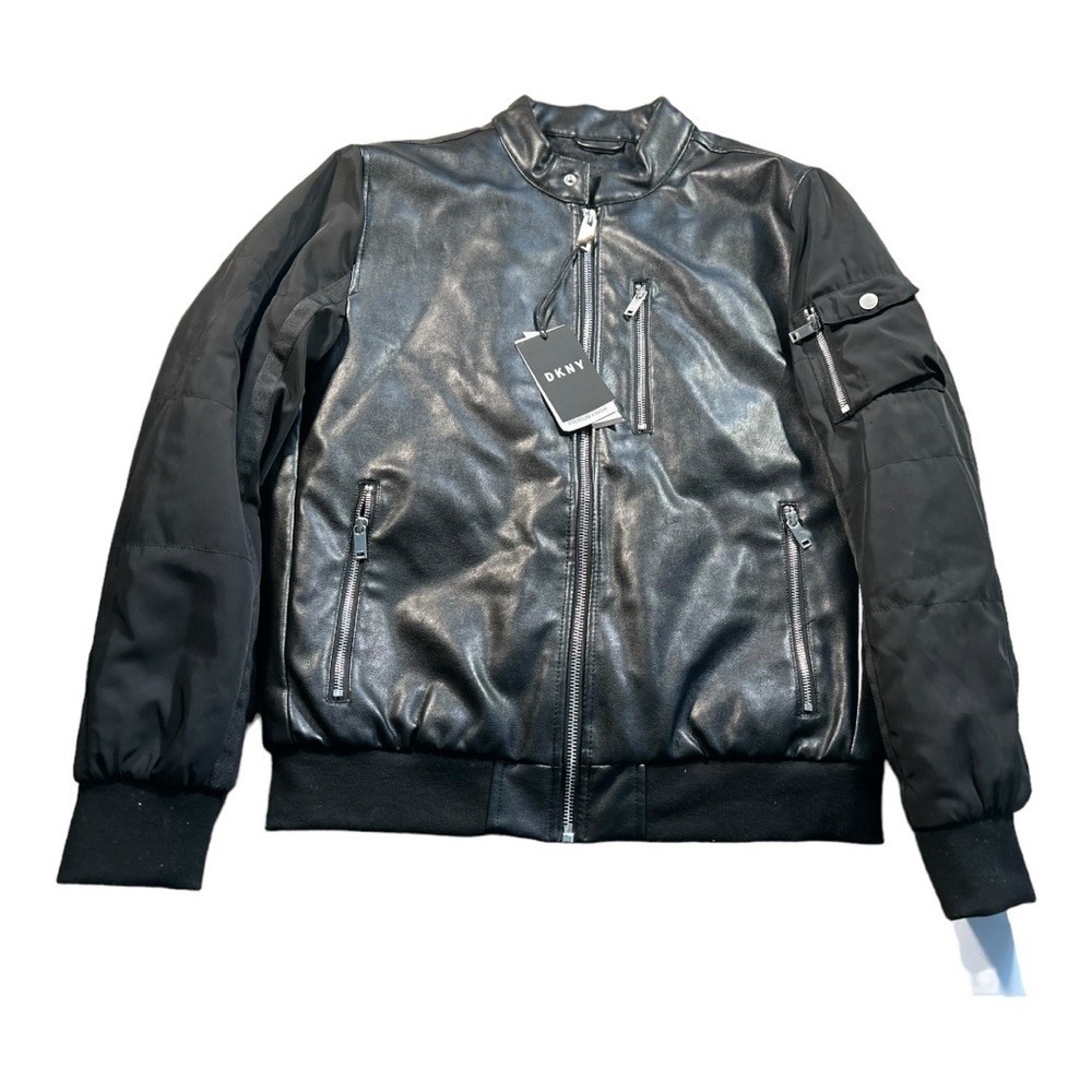 DKNY Men's Faux Leather Bomber Coat in black